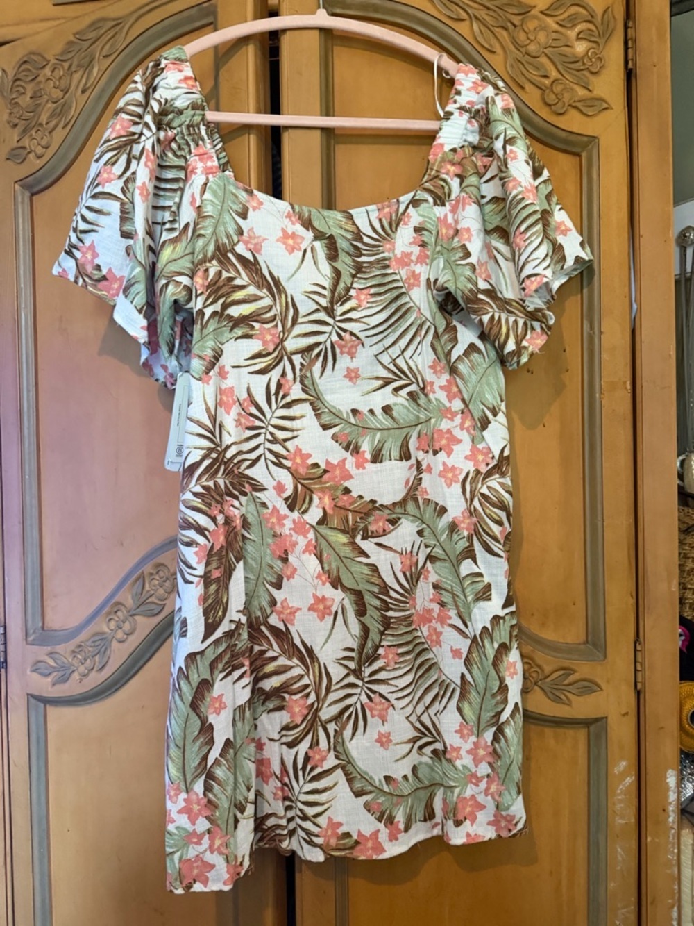 Rip Curl Tropical Button-Front Mini Dress in Beige, Green & Brown - Picture 3 of 9